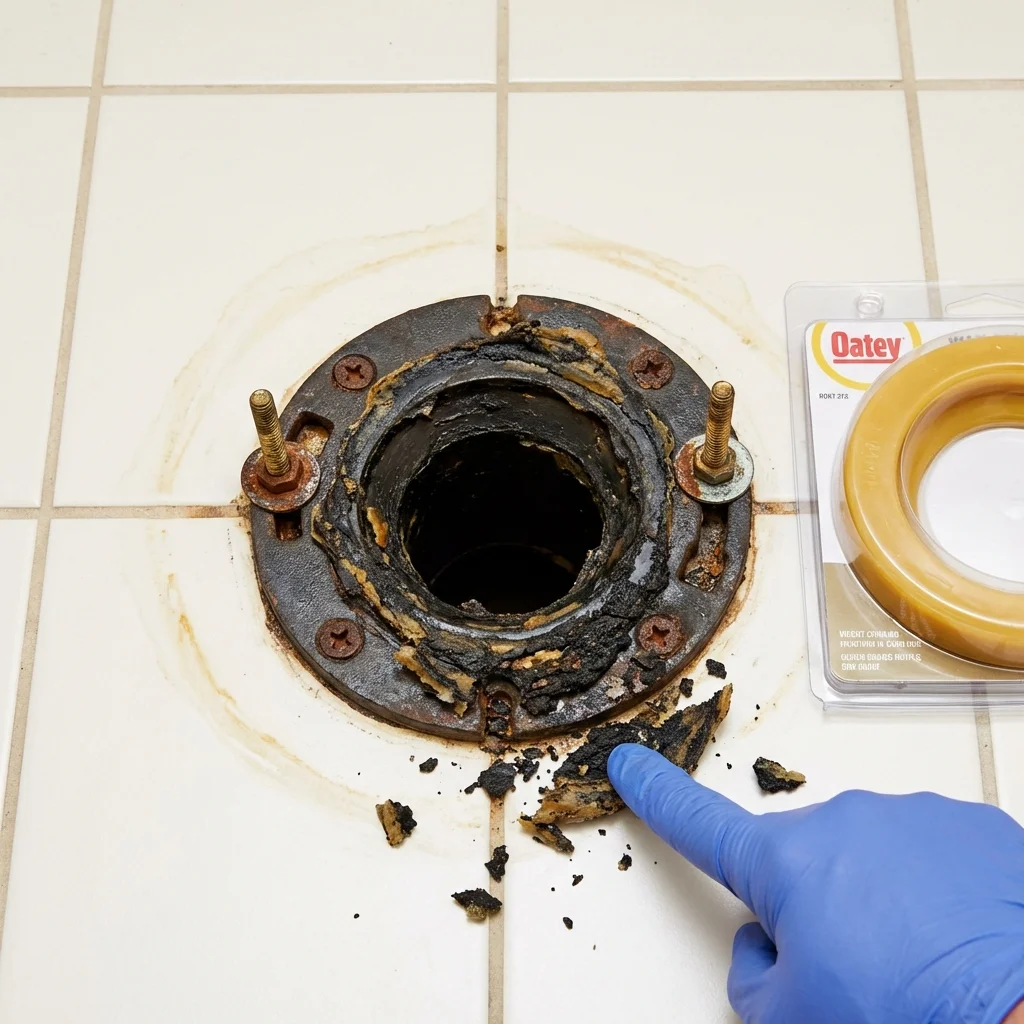 Failed wax ring showing water seepage at the base of a toilet in a Decatur, TN home