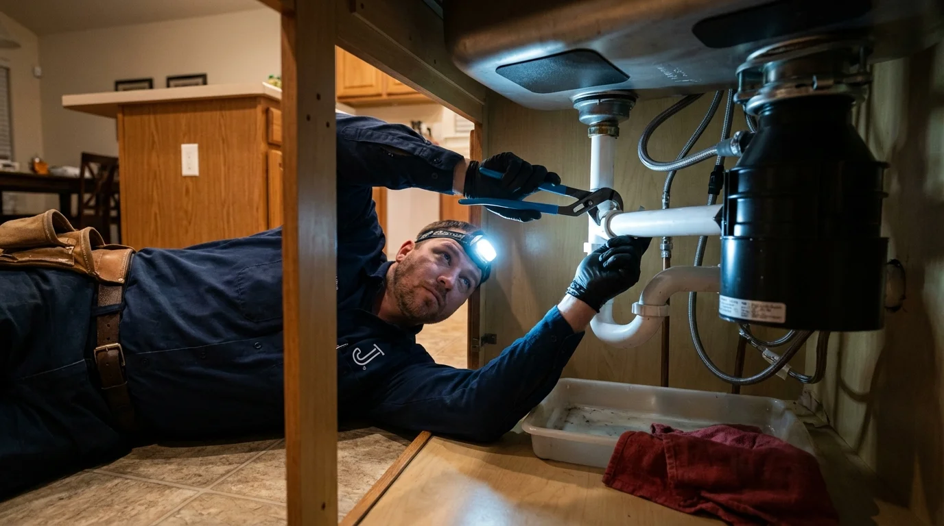 P-trap and supply line connections under a kitchen sink showing a common leak point in Decatur, TN